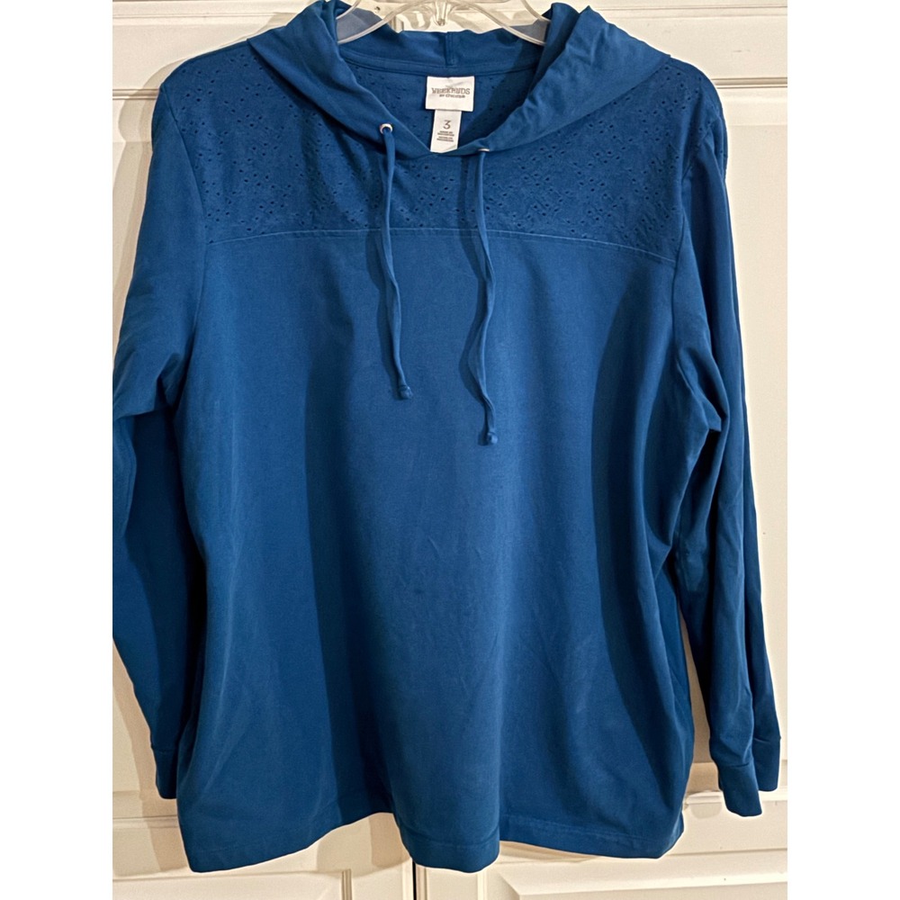 Chicos Zenergy Weekends Teal Blue Eyelet Yoke Hoodie Sweatshirt Size 3 XL